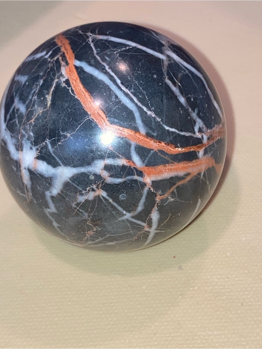 Zebra Jasper Black Marble Sphere with White and Copper Veining -